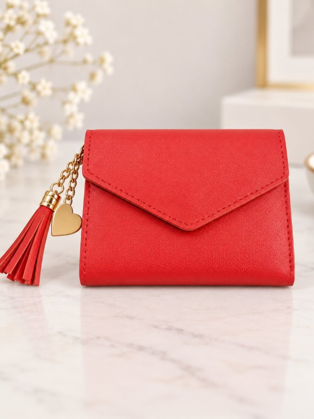 Red Envelope Style Wallet Gold Heart Charm Tassel